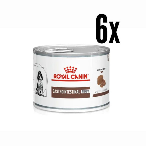 Pack 6x Royal Canin Lata Gastrointestinal Puppy 195g alimento húmedo digestible y energético para cachorros con sensibilidad gastrointestinal.