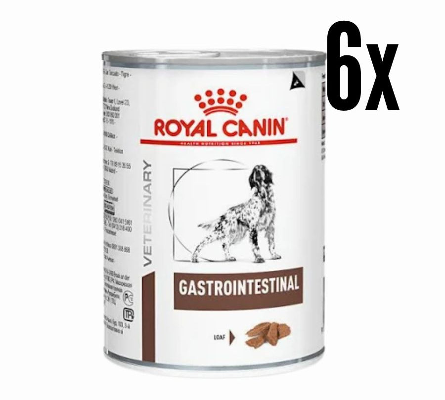 Pack 6x Royal Canin Lata Gastrointestinal Perro 385Gr, alimento húmedo de alta digestibilidad, ideal para perros con sensibilidad digestiva o en recuperación.