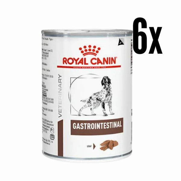 Pack 6x Royal Canin Lata Gastrointestinal Perro 385Gr, alimento húmedo de alta digestibilidad, ideal para perros con sensibilidad digestiva o en recuperación.