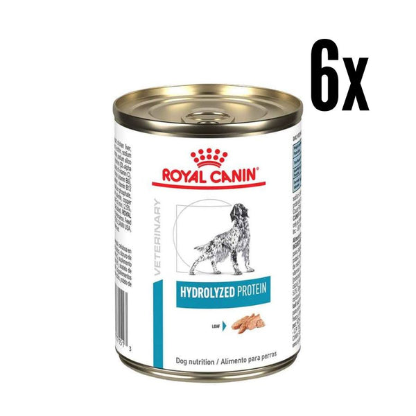 Pack 6x Royal Canin Latas Vet Diet Hydrolyzed Protein, hipoalergénico y altamente digestible, ideal para perros con alergias o intolerancias alimentarias.