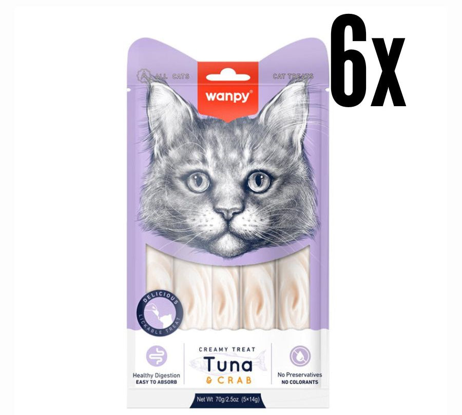 Pack 6x Wanpy Creamy Treat Atún y Cangrejo es un snack cremoso para gatos, rico en proteínas, hidratante y sin granos, ideal como premio o complemento.