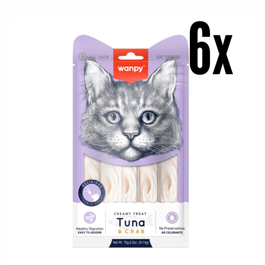 Pack 6x Wanpy Creamy Treat Atún y Cangrejo es un snack cremoso para gatos, rico en proteínas, hidratante y sin granos, ideal como premio o complemento.