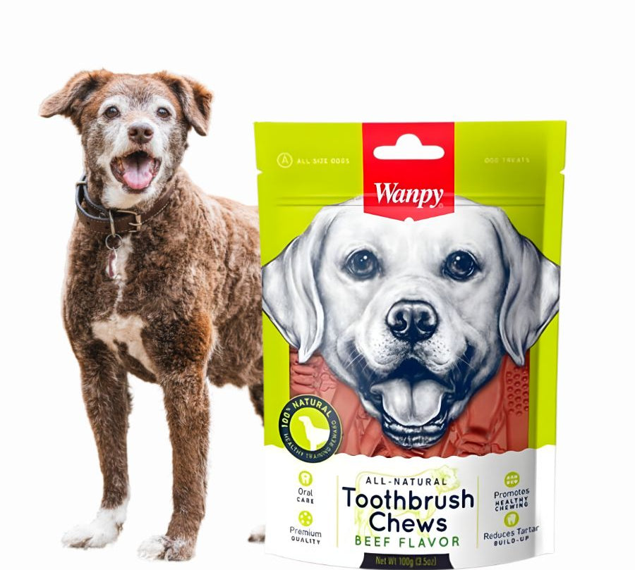 Pack 6x Wanpy Toothbrush Chews Beef, un snack premium 100% natural para cuidar la higiene buscal de perros de todas las edades.