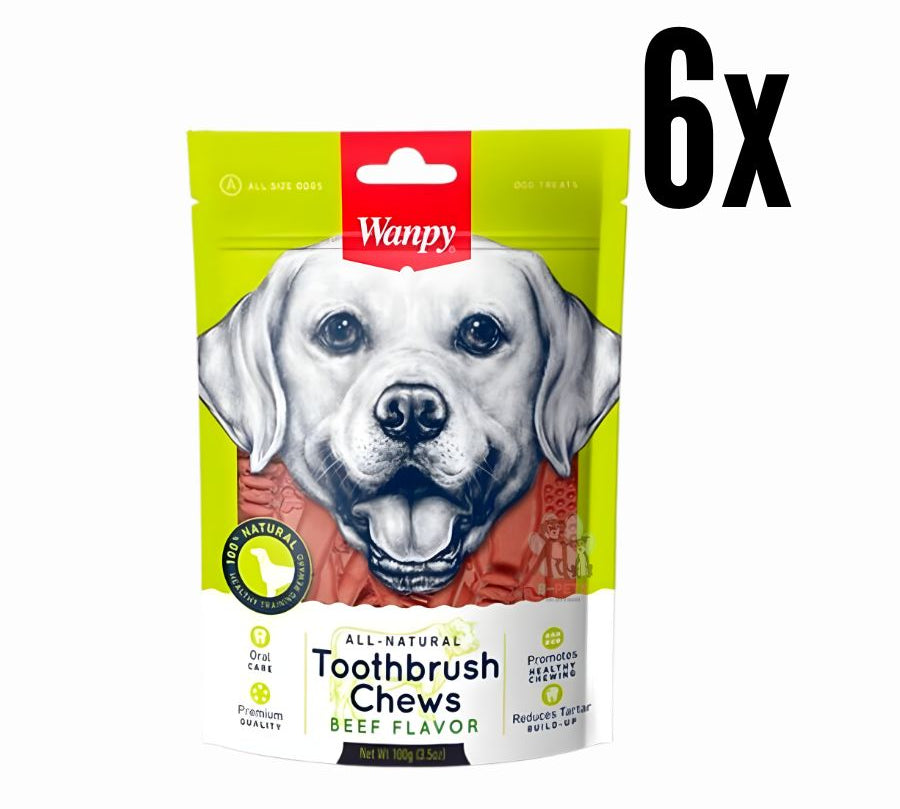 Pack 6x Wanpy Toothbrush Chews Beef, un snack premium 100% natural para cuidar la higiene buscal de perros de todas las edades.