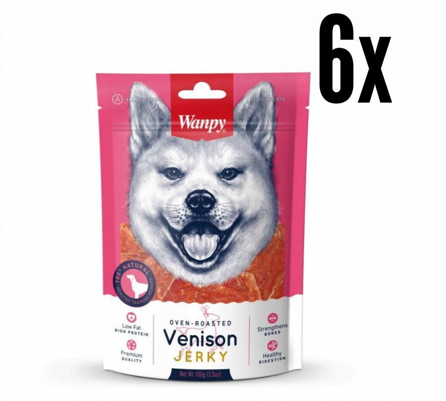 Pack 6x Wanpy Venison Jerky, un snack premium 100% natural para perros de todas las edades. Textura suave, bajo en grasas, y rico en proteínas.
