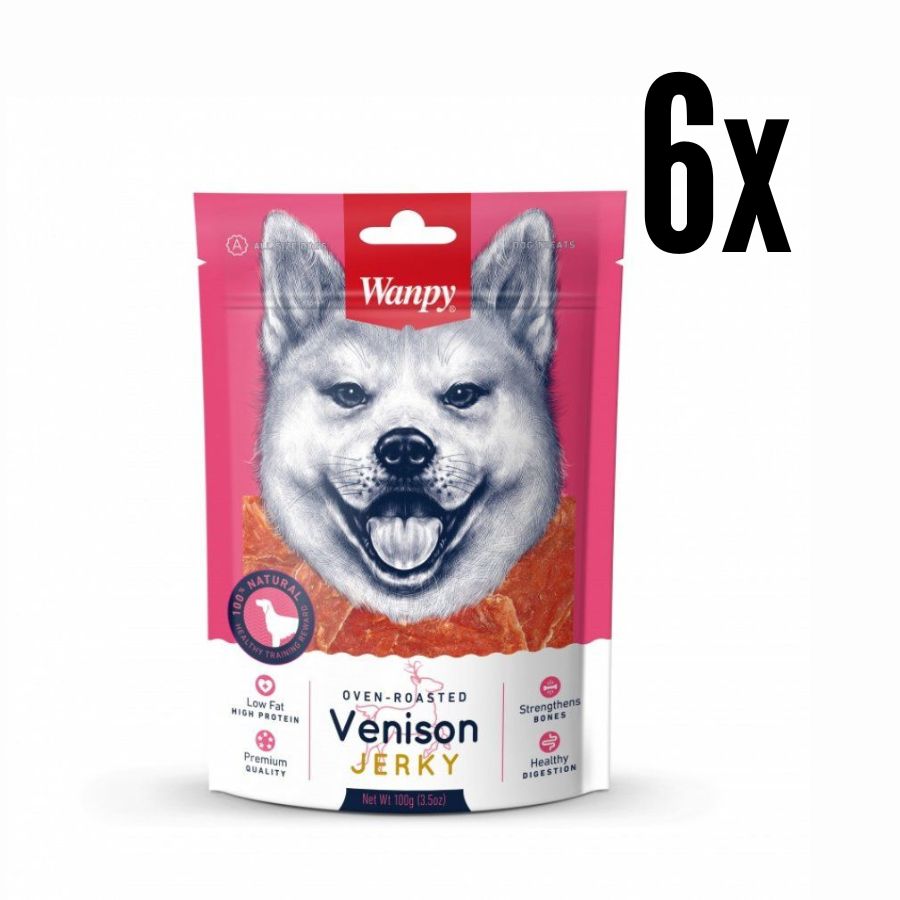 Pack 6x Wanpy Venison Jerky, un snack premium 100% natural para perros de todas las edades. Textura suave, bajo en grasas, y rico en proteínas.