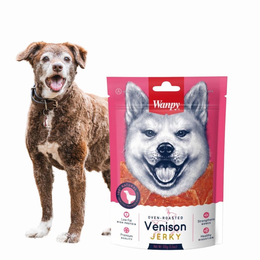 Pack 6x Wanpy Venison Jerky, un snack premium 100% natural para perros de todas las edades. Textura suave, bajo en grasas, y rico en proteínas.