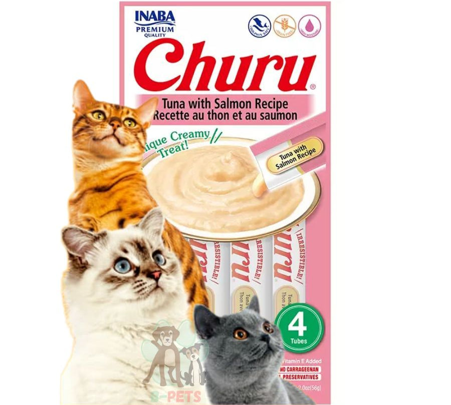 Pack 6x Churu Atún y Salmón: Snack cremoso con atún y salmón real, perfecto para hidratación y salud de gatos. Sin cereales, ideal para mezclar con medicinas.