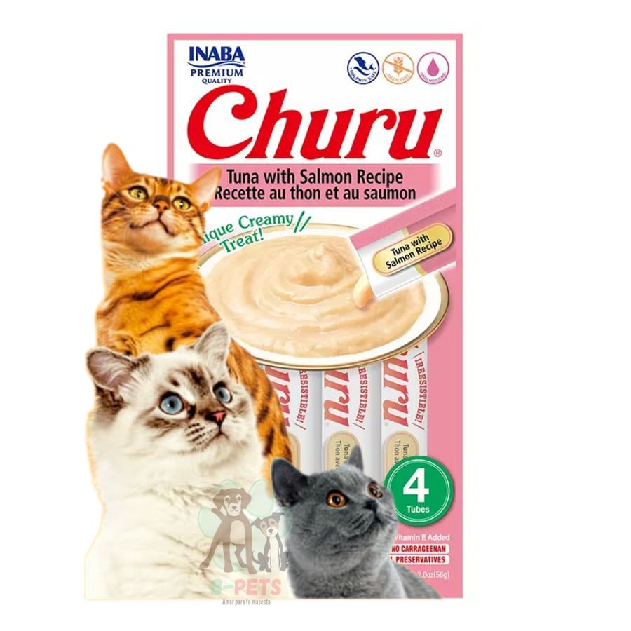 Pack 6x Churu Atún y Salmón: Snack cremoso con atún y salmón real, perfecto para hidratación y salud de gatos. Sin cereales, ideal para mezclar con medicinas.