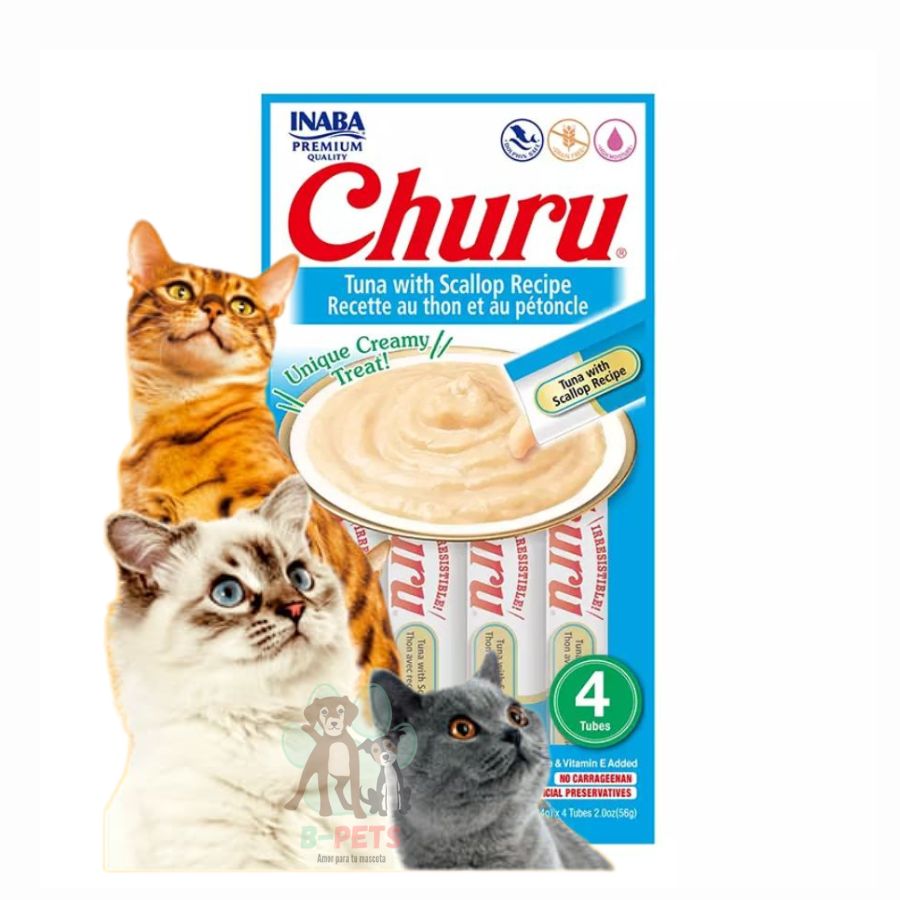 Pack 6x Churu Atún y Ostión: Snack cremoso para gatos, combinación de atún y pollo, alto en humedad para la salud. Libre de granos, ideal para medicamentos.