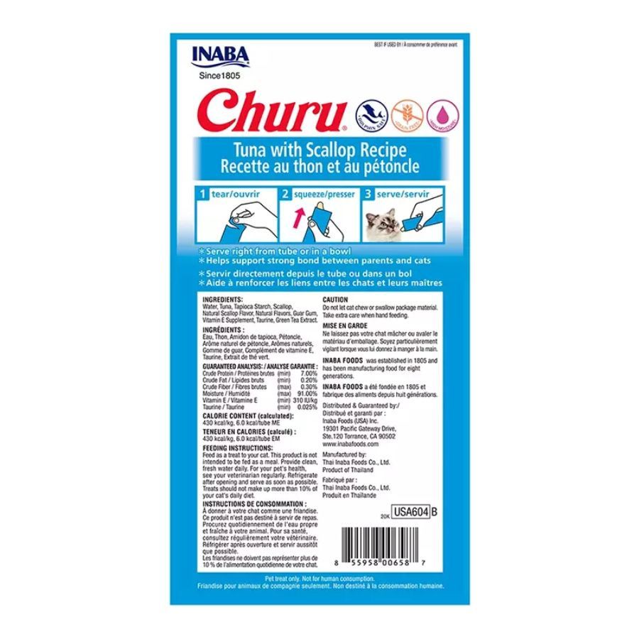 Pack 6x Churu Atún y Ostión: Snack cremoso para gatos, combinación de atún y pollo, alto en humedad para la salud. Libre de granos, ideal para medicamentos.