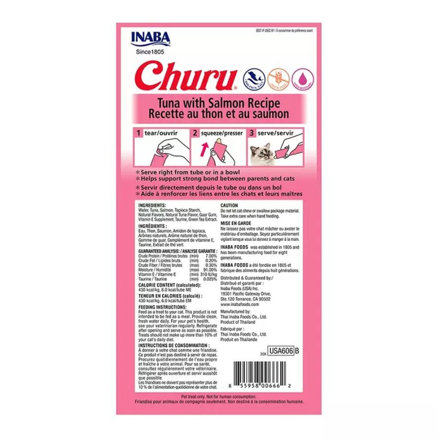 Pack 6x Churu Atún y Salmón: Snack cremoso con atún y salmón real, perfecto para hidratación y salud de gatos. Sin cereales, ideal para mezclar con medicinas.