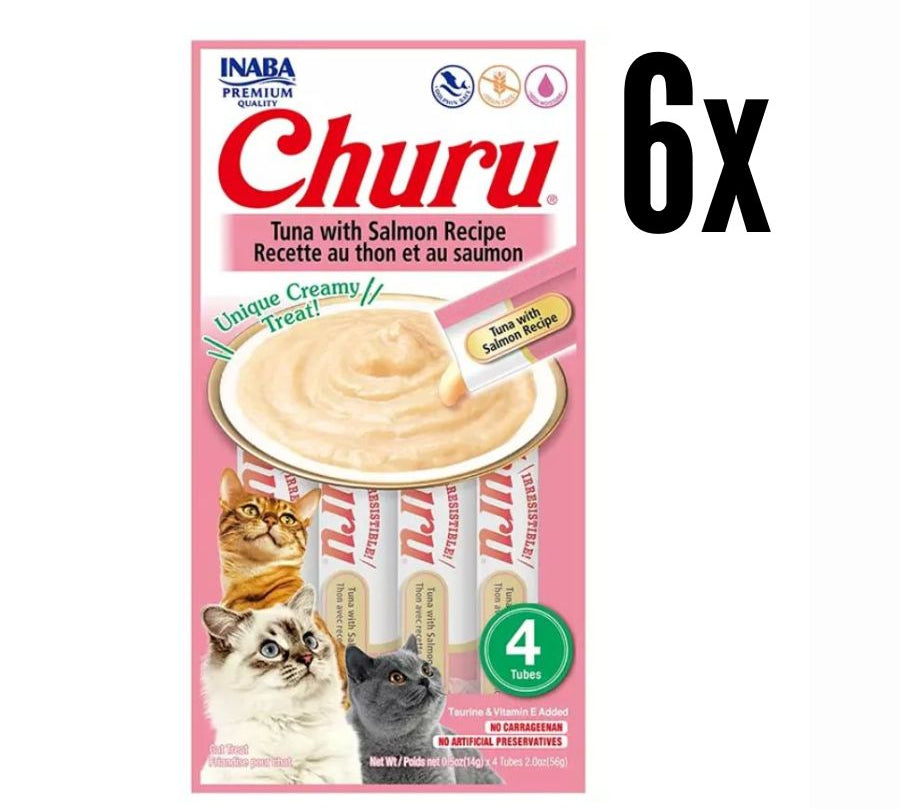 Pack 6x Churu Atún y Salmón: Snack cremoso con atún y salmón real, perfecto para hidratación y salud de gatos. Sin cereales, ideal para mezclar con medicinas.