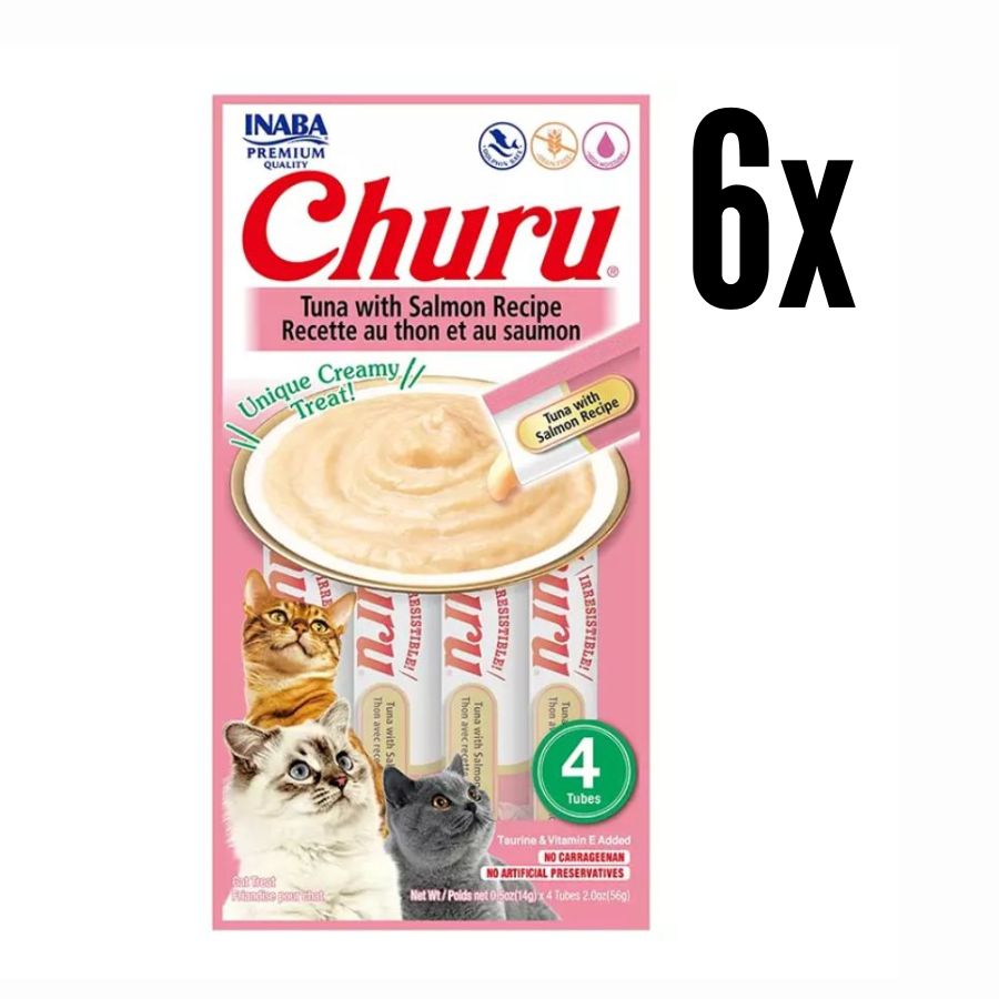 Pack 6x Churu Atún y Salmón: Snack cremoso con atún y salmón real, perfecto para hidratación y salud de gatos. Sin cereales, ideal para mezclar con medicinas.