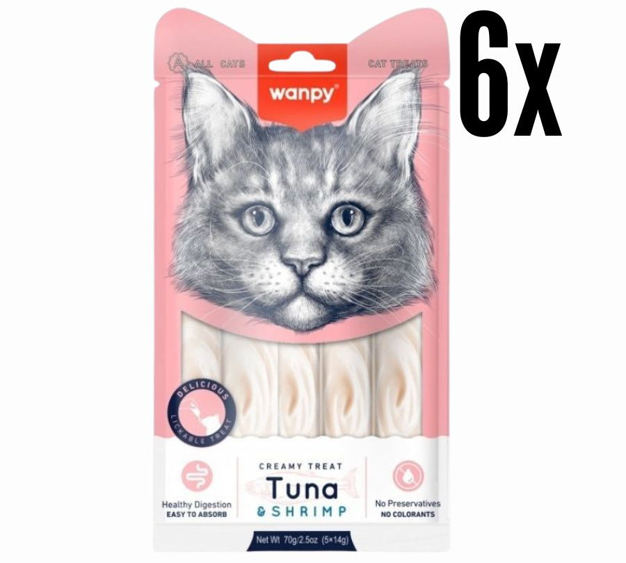 Pack 6x Wanpy Creamy Treat Atún & Camarón para Gatos, un snack premium 100% natural para gatos de más de 3 meses.