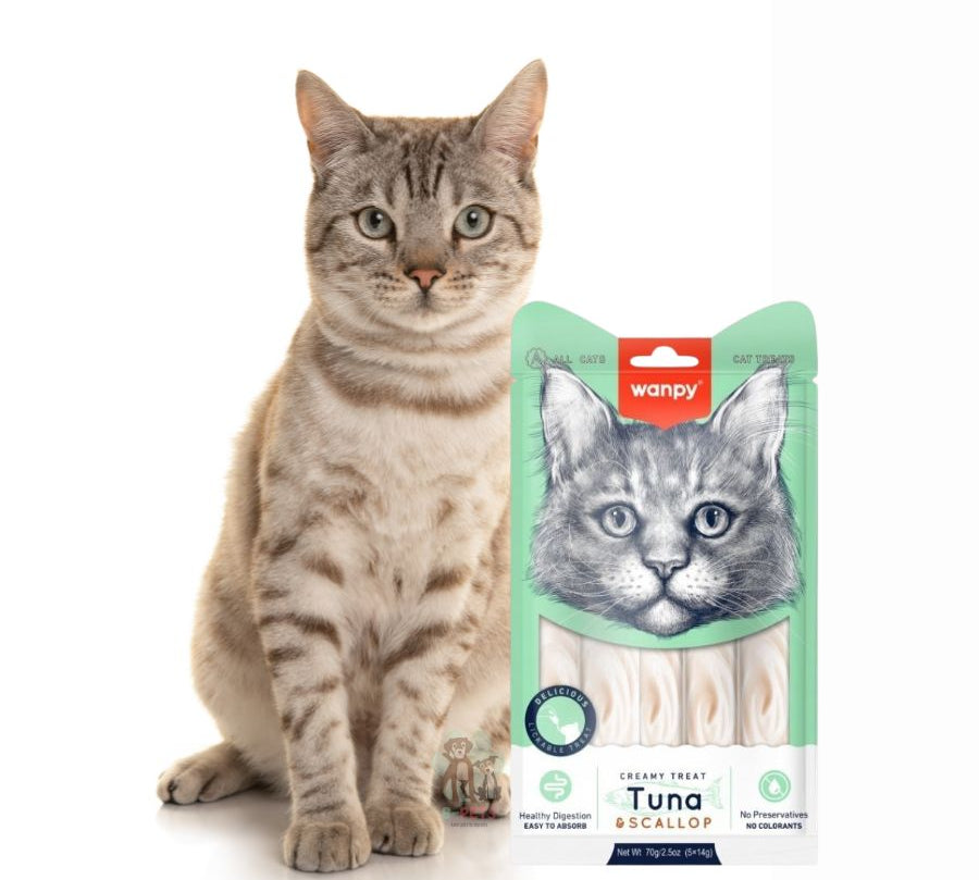 Pack 6x Wanpy Creamy Treat Atún & Ostión para Gatos, un snack premium 100% natural para gatos de más de 3 meses. 