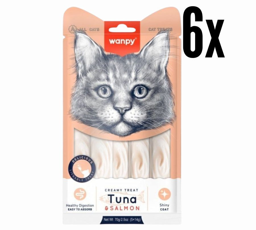 Pack 6x Wanpy Creamy Treat Atún & Salmón para Gatos, un snack premium 100% natural para gatos de más de 3 meses. Textura suave, libre de granos, fácil de digerir y sin colorantes ni preservantes.