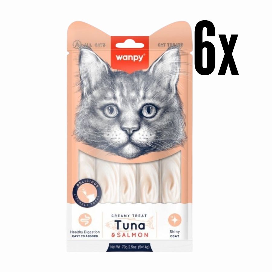 Pack 6x Wanpy Creamy Treat Atún & Salmón para Gatos, un snack premium 100% natural para gatos de más de 3 meses. Textura suave, libre de granos, fácil de digerir y sin colorantes ni preservantes.