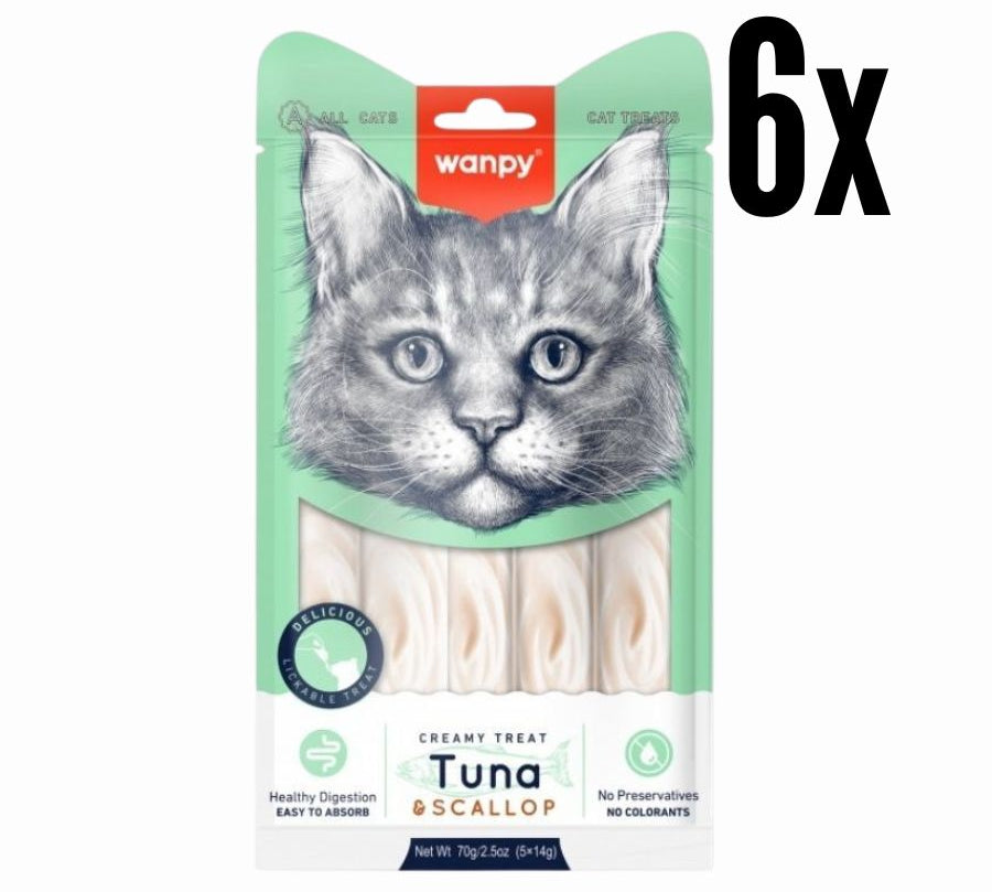 Pack 6x Wanpy Creamy Treat Atún & Ostión para Gatos, un snack premium 100% natural para gatos de más de 3 meses. 