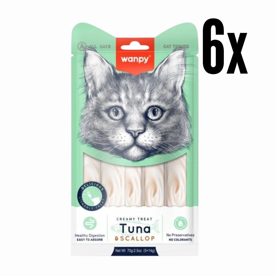 Pack 6x Wanpy Creamy Treat Atún & Ostión para Gatos, un snack premium 100% natural para gatos de más de 3 meses. 