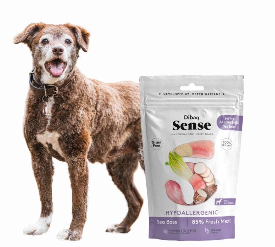Pack 8x Dibaq Sense Snack Semi Humedo Hipoalergénico de Lubinas, con lubina fresca y prebióticos, ideal para perros con digestiones sensibles y alergias.