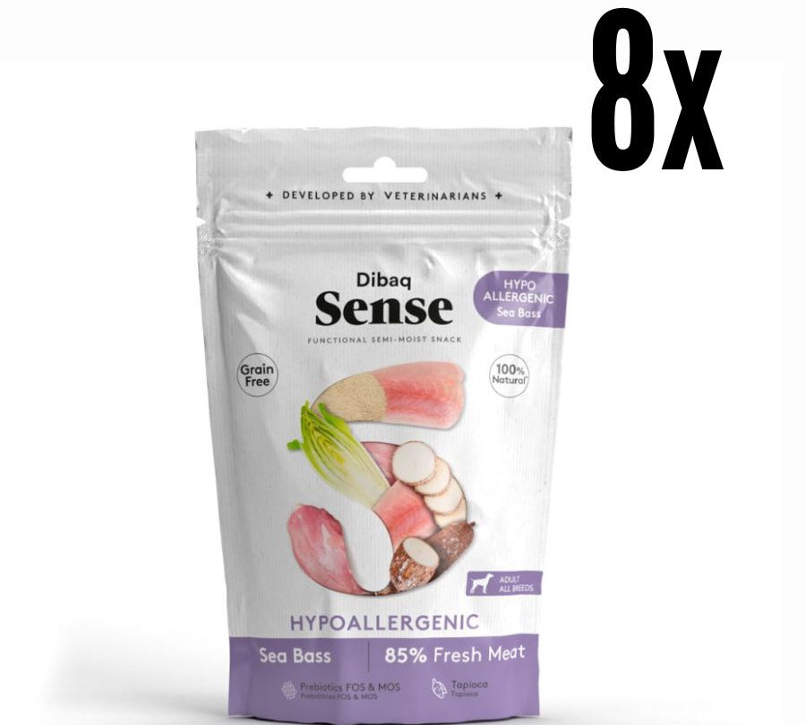 Pack 8x Dibaq Sense Snack Semi Humedo Hipoalergénico de Lubinas, con lubina fresca y prebióticos, ideal para perros con digestiones sensibles y alergias.
