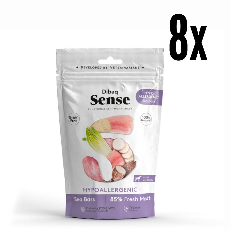 Pack 8x Dibaq Sense Snack Semi Humedo Hipoalergénico de Lubinas, con lubina fresca y prebióticos, ideal para perros con digestiones sensibles y alergias.
