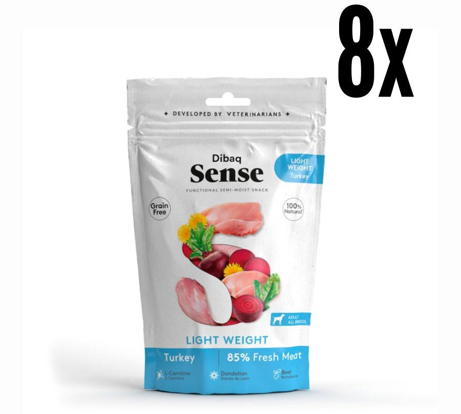 Pack 8x Dibaq Sense Snack Semi Humedo Light Weight de Pavo, bajo en grasa y con L-Carnitina, ideal para perros con sobrepeso. ¡Controla su peso de forma natural!
