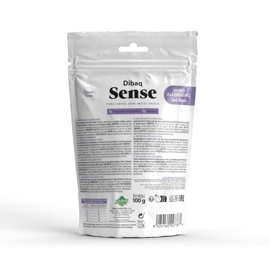Pack 8x Dibaq Sense Snack Semi Humedo Hipoalergénico de Lubinas, con lubina fresca y prebióticos, ideal para perros con digestiones sensibles y alergias.