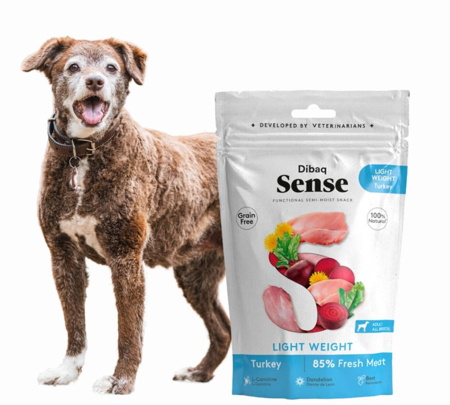 Pack 8x Dibaq Sense Snack Semi Humedo Light Weight de Pavo, bajo en grasa y con L-Carnitina, ideal para perros con sobrepeso. ¡Controla su peso de forma natural!
