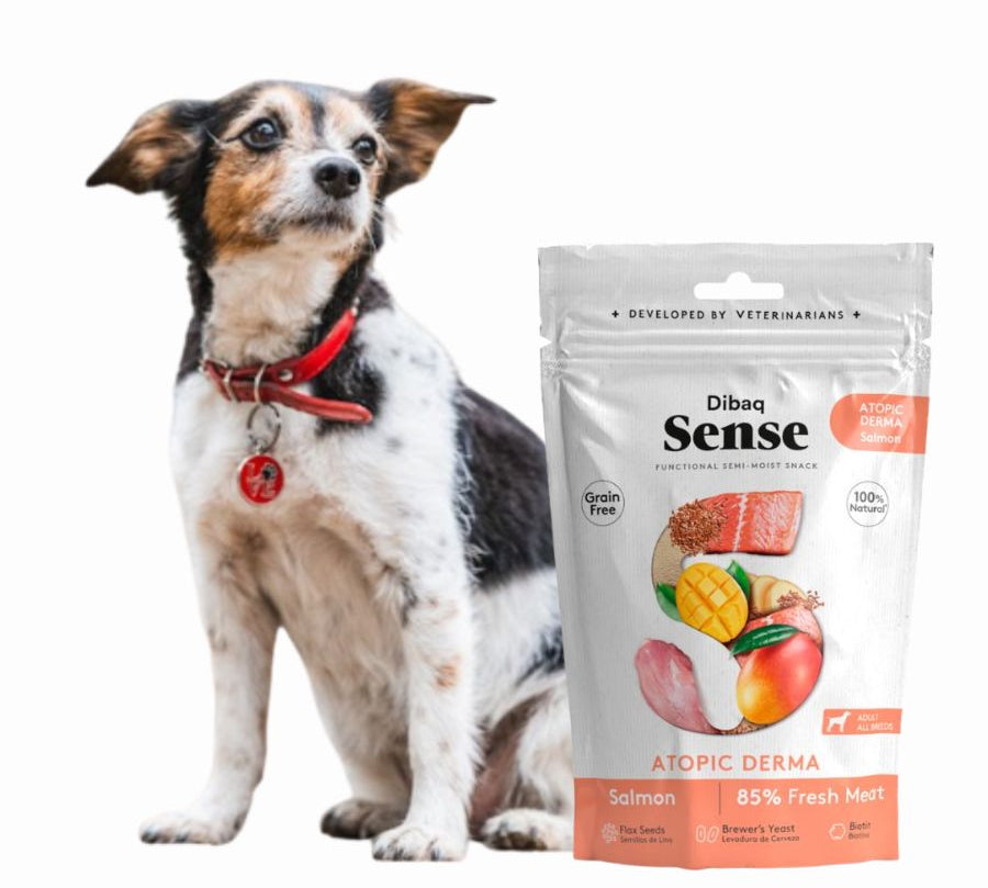 Pack 8x Snack Atopic Derma de Salmón Dibaq Sense, con biotina y salmón fresco para un pelaje brillante y piel saludable. ¡Nutrición natural para tu perro!