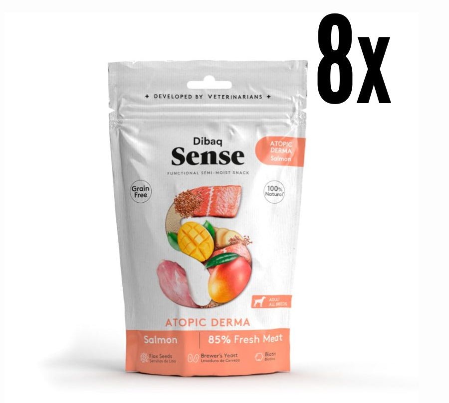 Pack 8x Snack Atopic Derma de Salmón Dibaq Sense, con biotina y salmón fresco para un pelaje brillante y piel saludable. ¡Nutrición natural para tu perro!