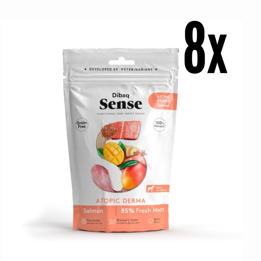 Pack 8x Snack Atopic Derma de Salmón Dibaq Sense, con biotina y salmón fresco para un pelaje brillante y piel saludable. ¡Nutrición natural para tu perro!