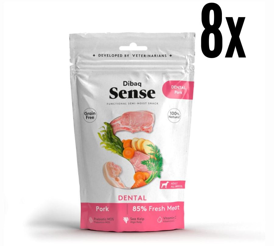 Pack 8x Snack Dental de Cerdo Dibaq Sense, con alga Kelp para el cuidado dental y cerdo fresco. Sabor irresistible y dientes más limpios.