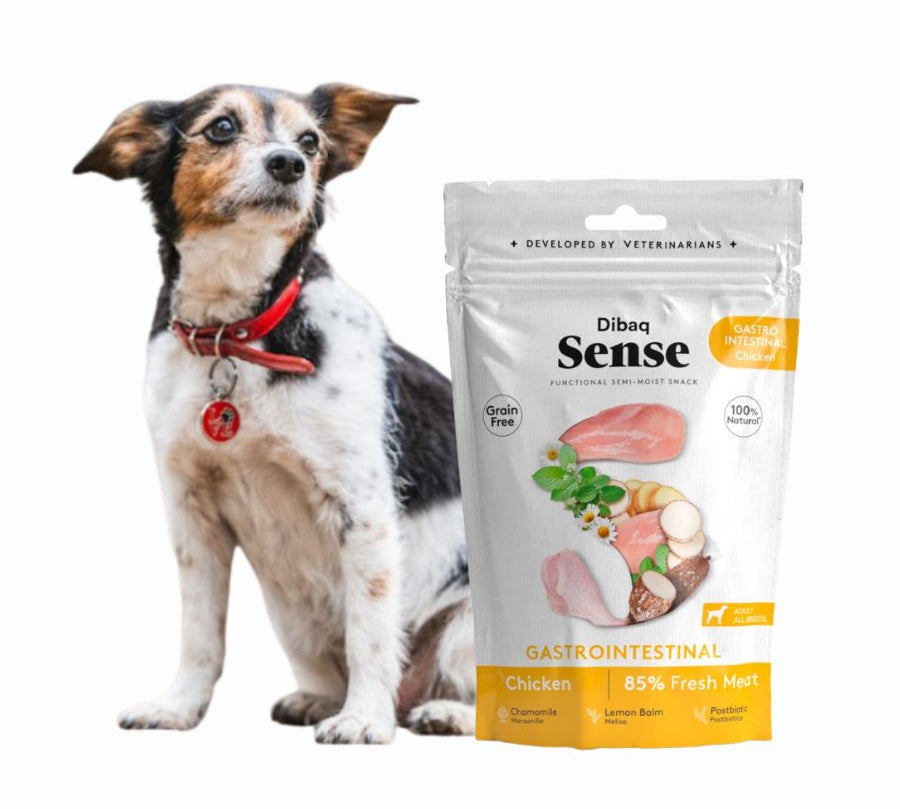 Pack 8x Dibaq Sense Snack Semi Humedo Gastrointestinal de Pollo, ideal para perros con digestiones sensibles, elaborado con pollo fresco y plantas digestivas.