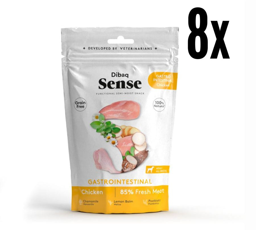 Pack 8x Dibaq Sense Snack Semi Humedo Gastrointestinal de Pollo, ideal para perros con digestiones sensibles, elaborado con pollo fresco y plantas digestivas.