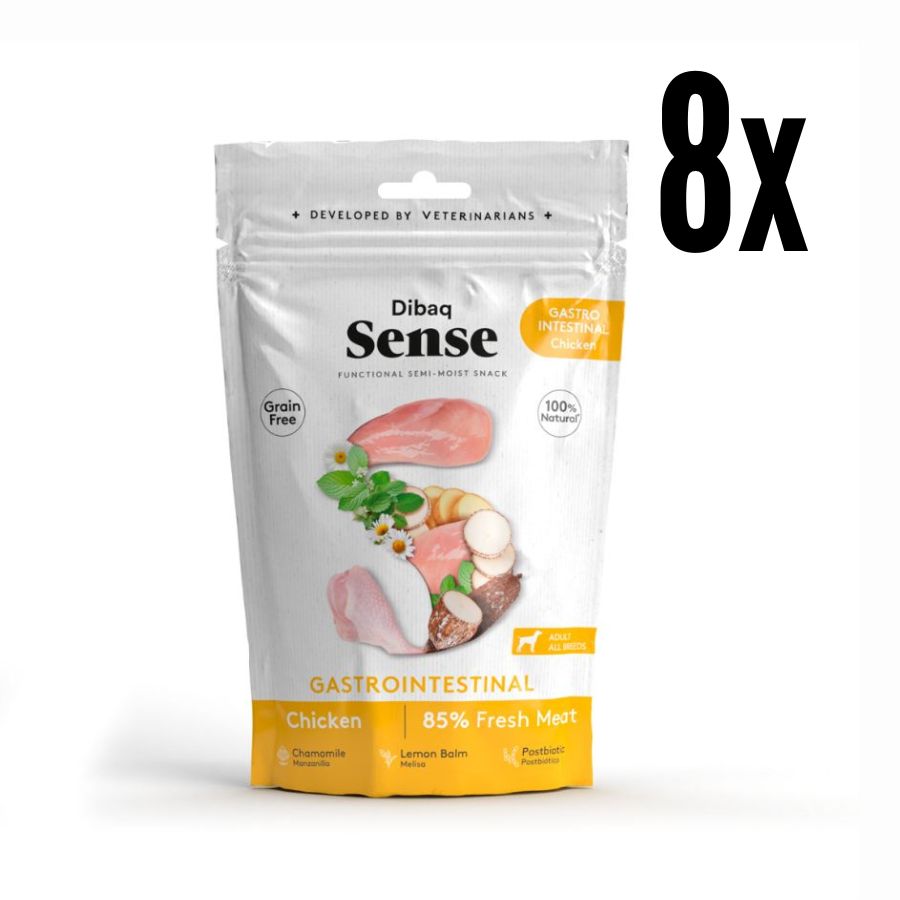 Pack 8x Dibaq Sense Snack Semi Humedo Gastrointestinal de Pollo, ideal para perros con digestiones sensibles, elaborado con pollo fresco y plantas digestivas.