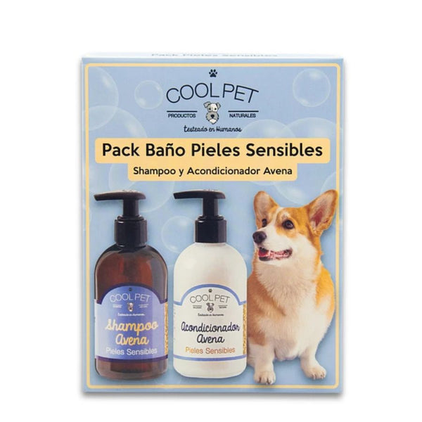 Pack Baño Perros Coolpet, shampoo y acondicionador de avena para pieles sensibles. Cuidado completo, brillo y suavidad con aroma irresistible.