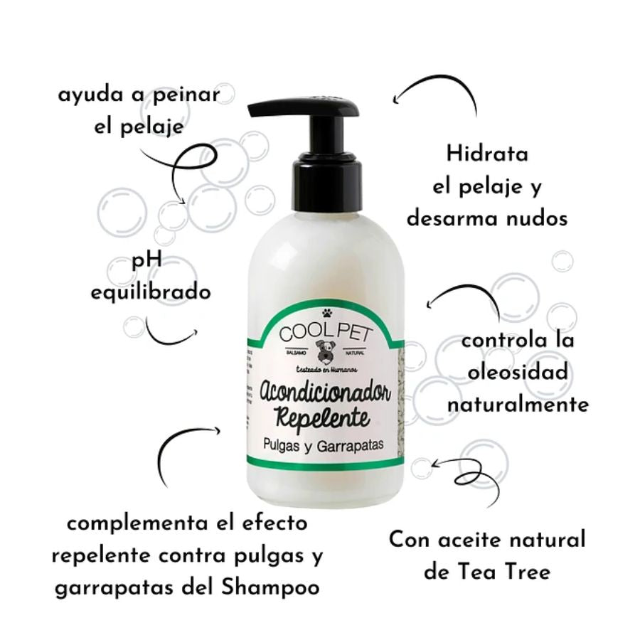 Pack Baño Repelente Coolpet 🛡️, shampoo y acondicionador con Tea Tree para proteger a tu perro de pulgas y garrapatas. Limpieza profunda y natural.