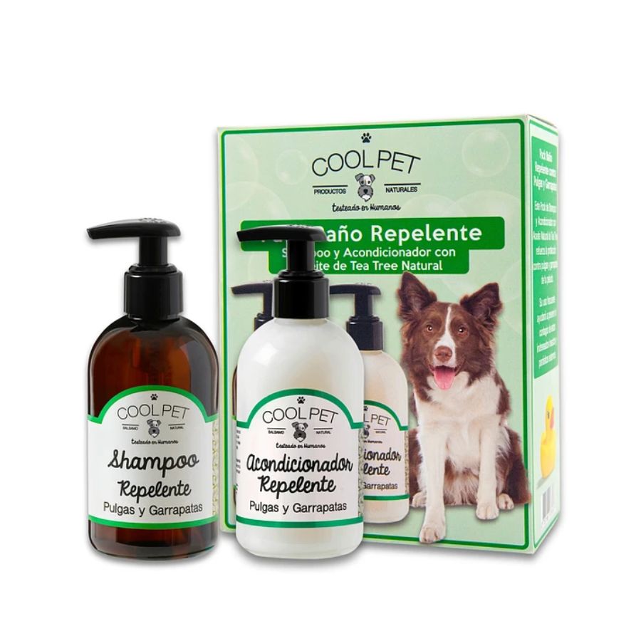Pack Baño Repelente Coolpet 🛡️, shampoo y acondicionador con Tea Tree para proteger a tu perro de pulgas y garrapatas. Limpieza profunda y natural.