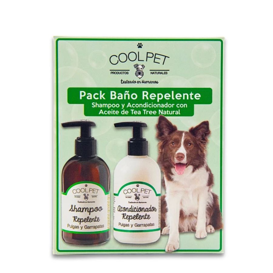Pack Baño Repelente Coolpet 🛡️, shampoo y acondicionador con Tea Tree para proteger a tu perro de pulgas y garrapatas. Limpieza profunda y natural.