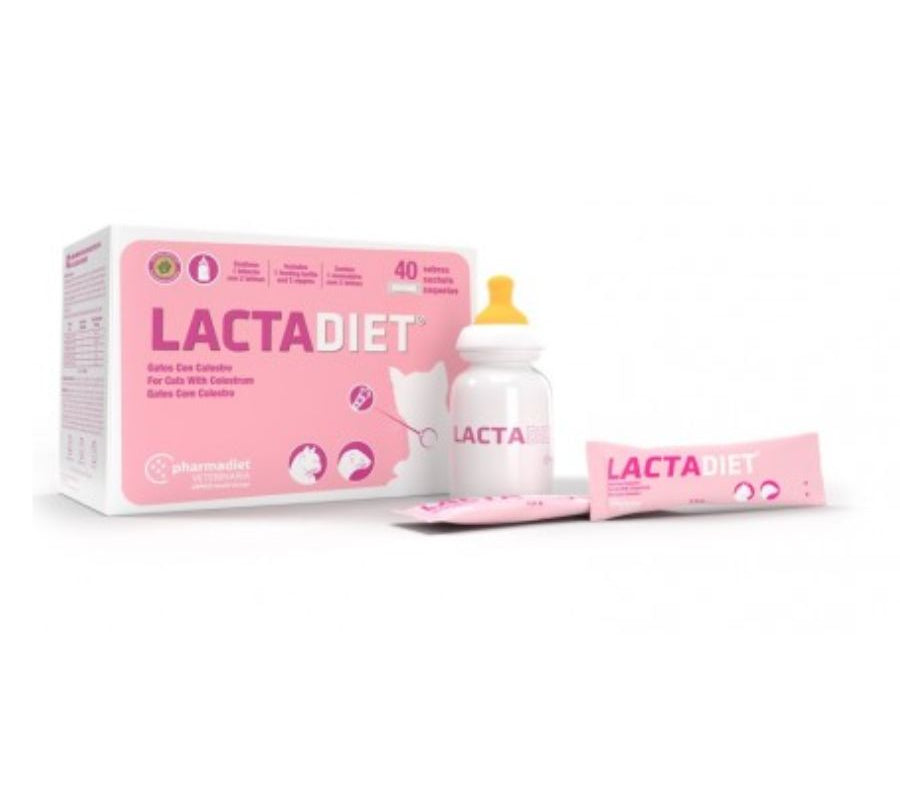 Pack Lactadiet Gato 40 Sobres y Biberon  proporciona nutrición completa con calostro, vitaminas y Omega 3, ideal para gatitos recién nacidos hasta el destete.