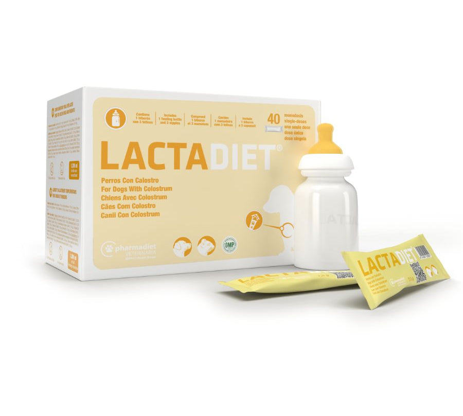 Lactadiet Perro 40 Sobres y Biberón con calostro, DHA y vitaminas, ideal para cachorros recién nacidos huérfanos o con problemas de lactancia. B-Pets