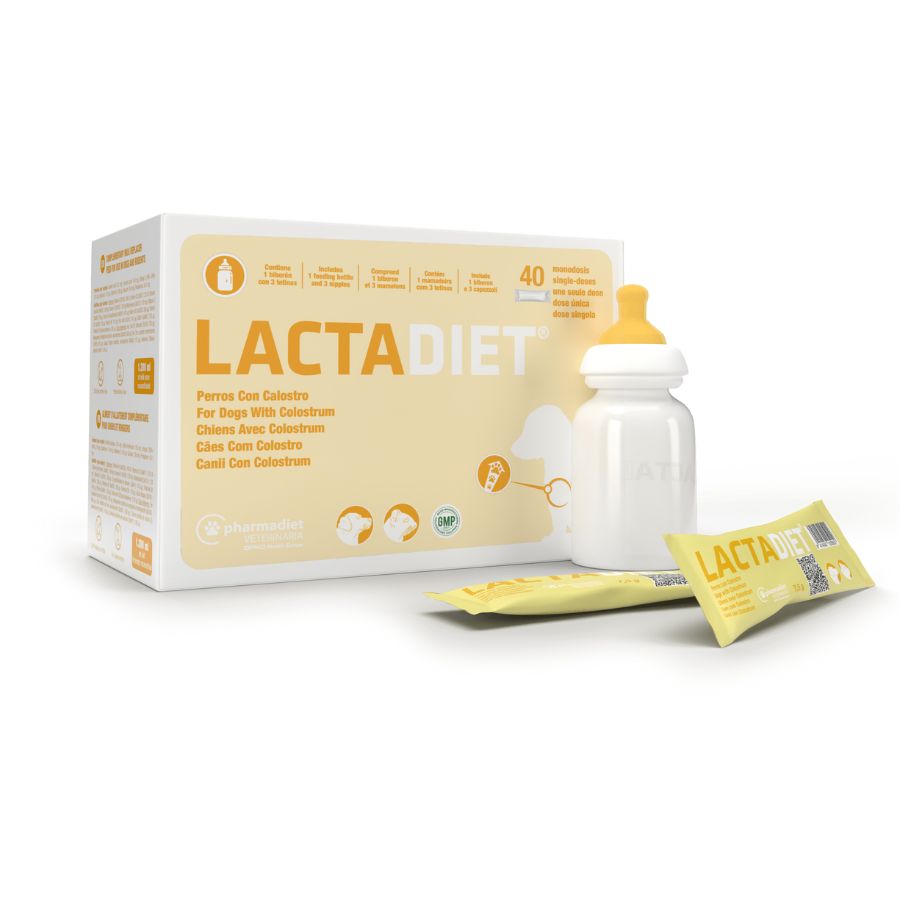 Lactadiet Perro 40 Sobres y Biberón con calostro, DHA y vitaminas, ideal para cachorros recién nacidos huérfanos o con problemas de lactancia. B-Pets