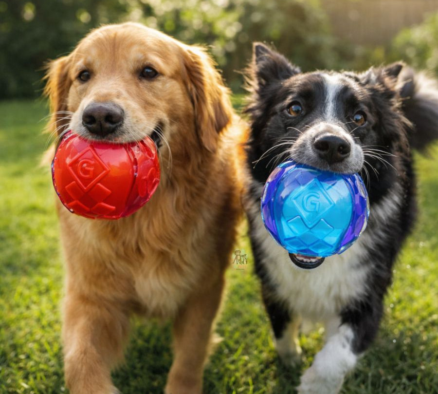 Pack Pelota Squeaker Gigwi Ball Medium pelotas resistentes con sonido, tecnología TPR y superficie dental. Ideales para perros medianos. Pack de 2.