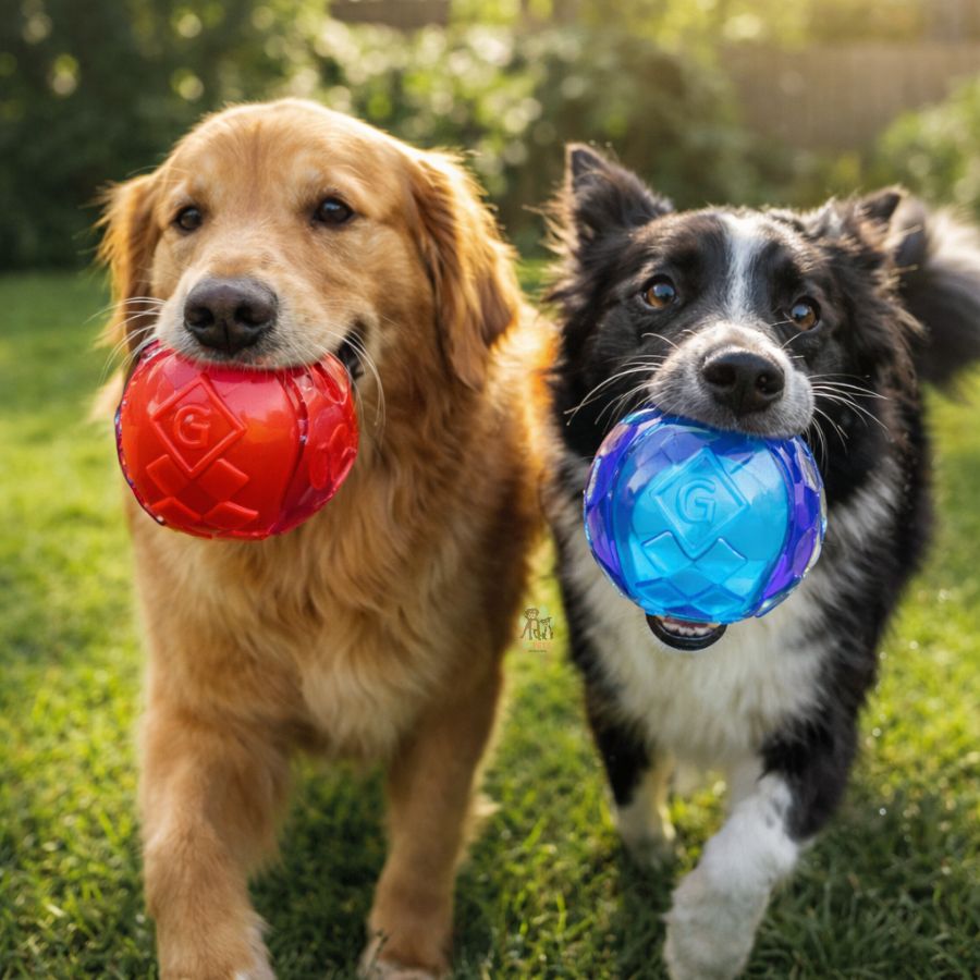 Pack Pelota Squeaker Gigwi Ball Medium pelotas resistentes con sonido, tecnología TPR y superficie dental. Ideales para perros medianos. Pack de 2.
