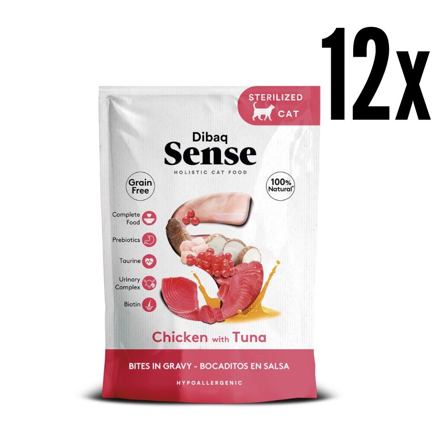Pack 12x Dibaq Sense Bocaditos en Salsa Pollo con Atún alimento húmedo natural, sin cereales, rico en proteínas y con beneficios digestivos y urinarios.