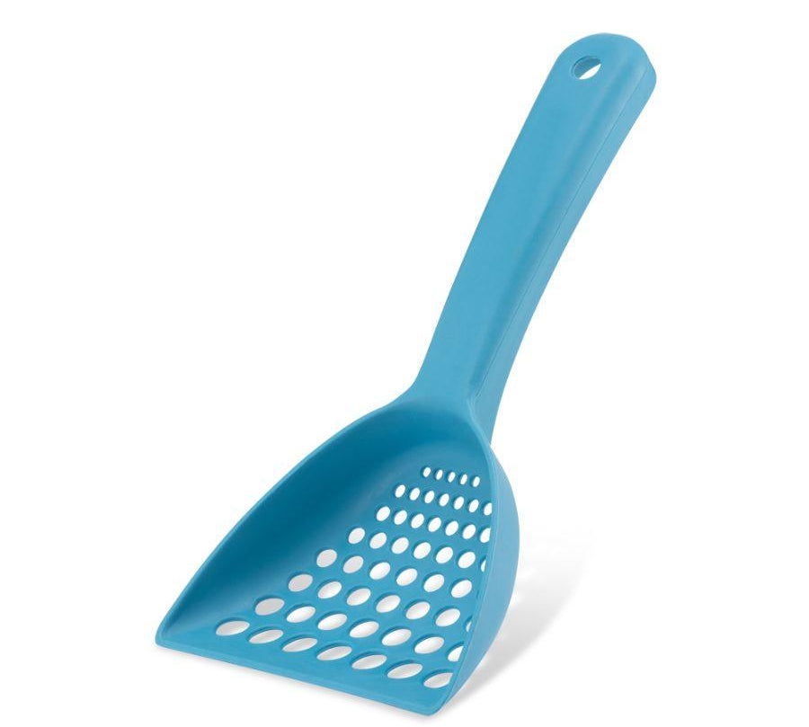 Pala Arenero Beco Azúl, hecha de materiales renovables como bambú y cáscara de arroz. Resistente, duradera y fácil de limpiar, ideal para el arenero de tu gato.