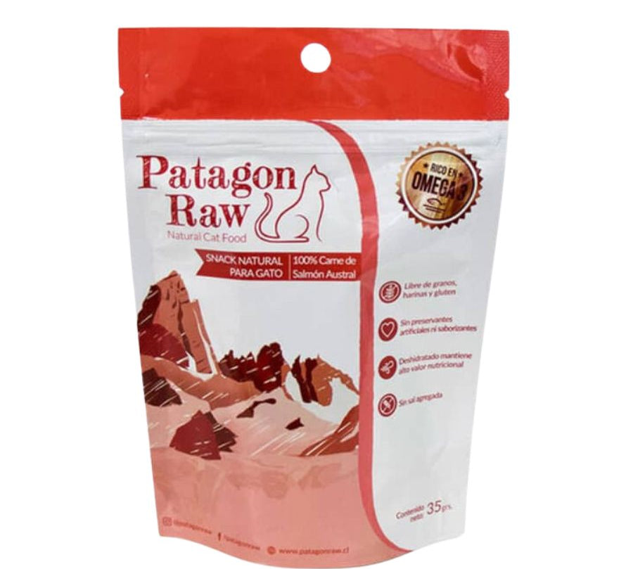 Patagon Raw Snack 100% Salmón Austral para Gatos, rico en Omega 3 y 6, sin granos ni gluten, ideal para una dieta saludable. 🐱✨