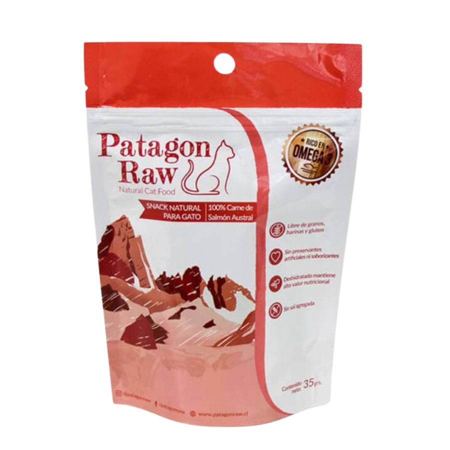 Patagon Raw Snack 100% Salmón Austral para Gatos, rico en Omega 3 y 6, sin granos ni gluten, ideal para una dieta saludable. 🐱✨